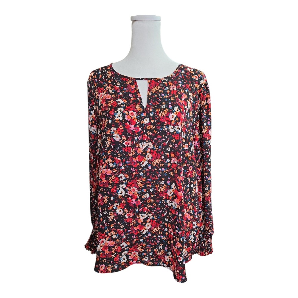 PLEIONE Womens Long Sleeve Floral Print Keyhole Neck Blouse Top Size L Boho Fun